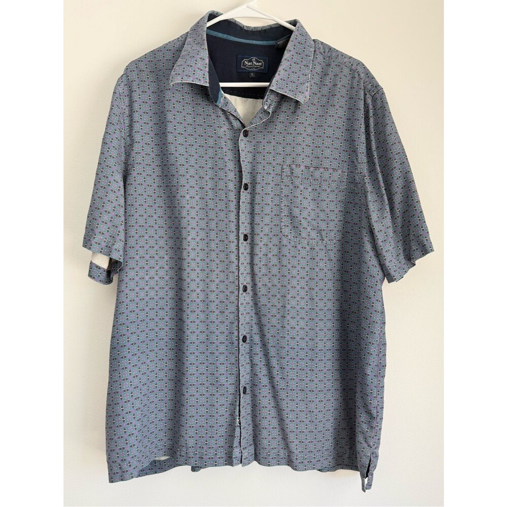 Nat Nast Blue Short Sleeve Dress Shirt 100% Silk Size Large